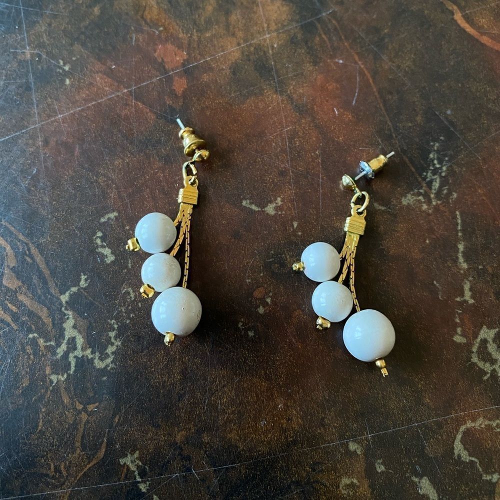 Vintage Gold and White Bead Drop Earrings